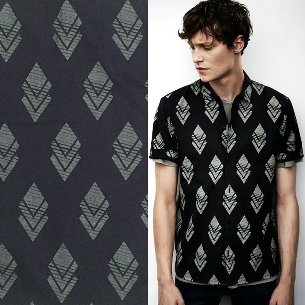 All Saints Short Sleeve Shirt Linen Cotton Ikat Print Murzik Grey Black S